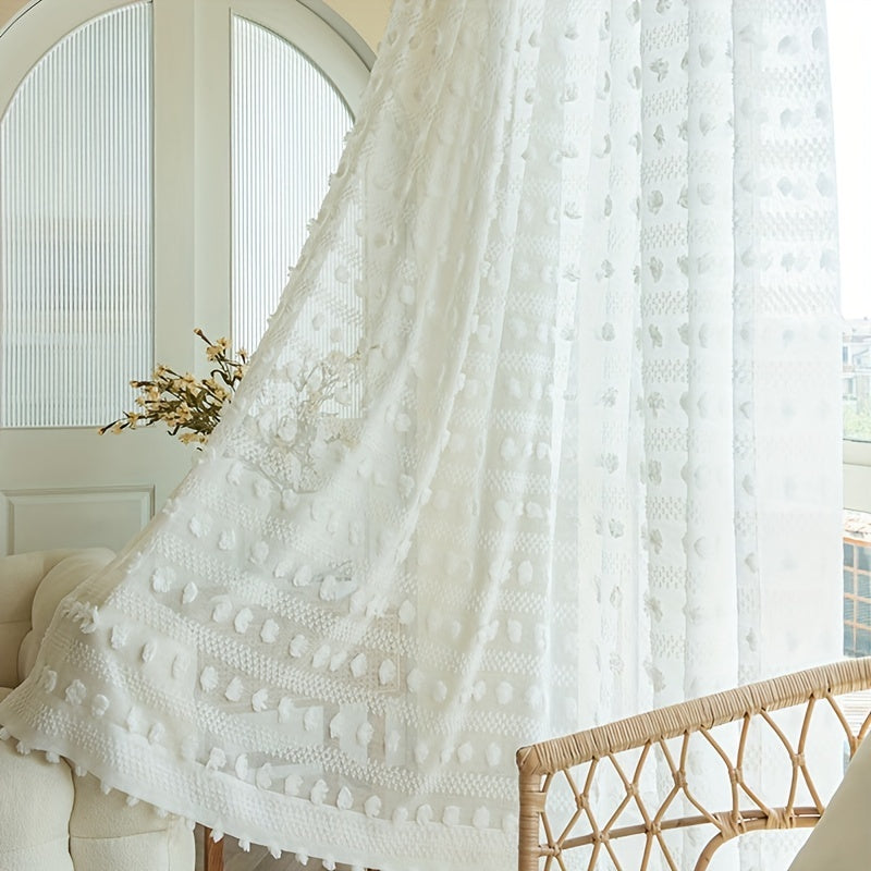 1pc Pom Pom Embroidery Sheer Curtain Vintage Voile Breathable Window Curtain