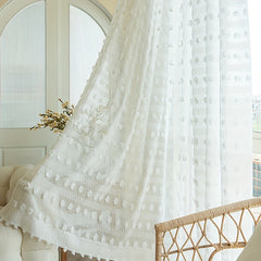 1pc Pom Pom Embroidery Sheer Curtain Vintage Voile Breathable Window Curtain