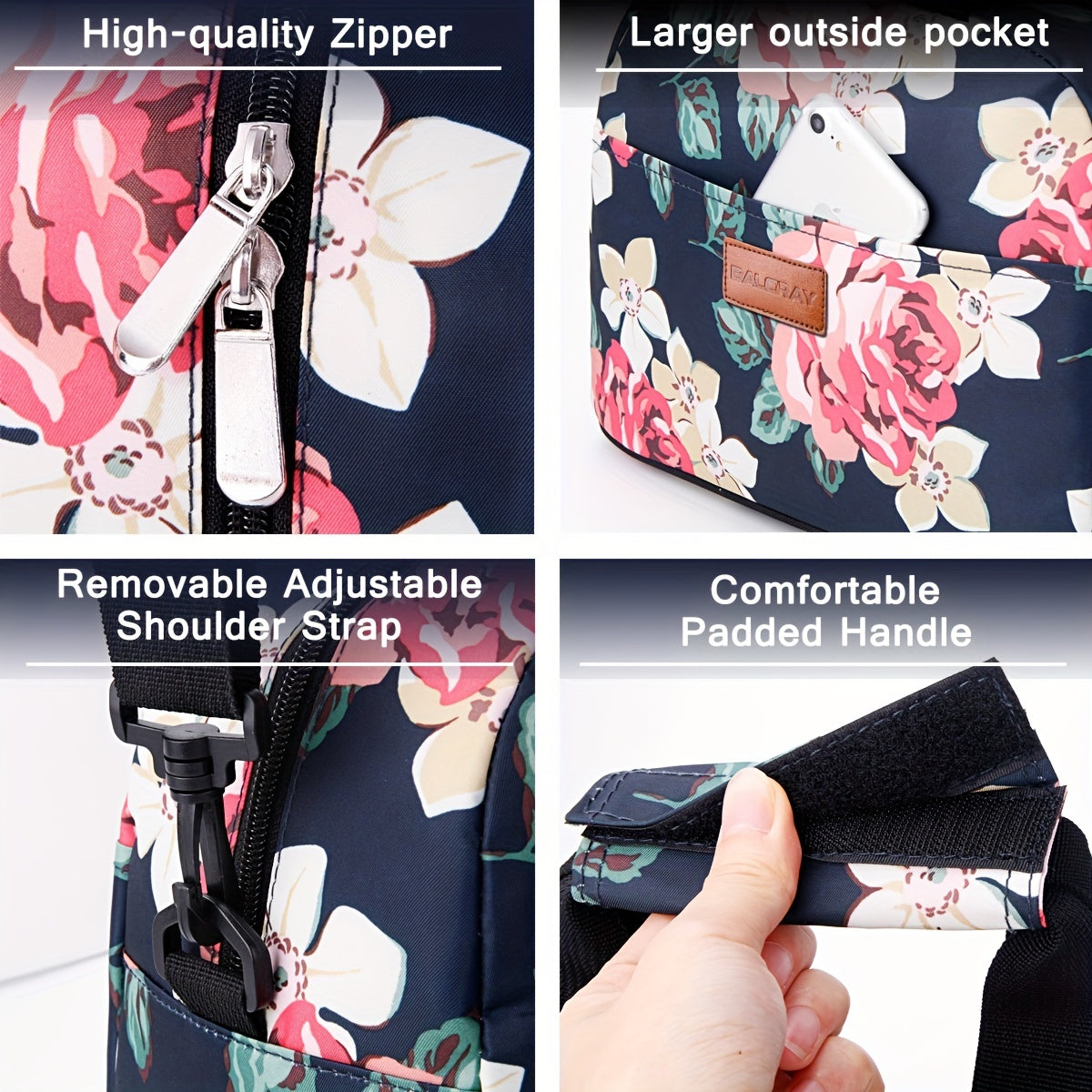 Insulated Flower Print Bag with Adjustable Shoulder Strap
