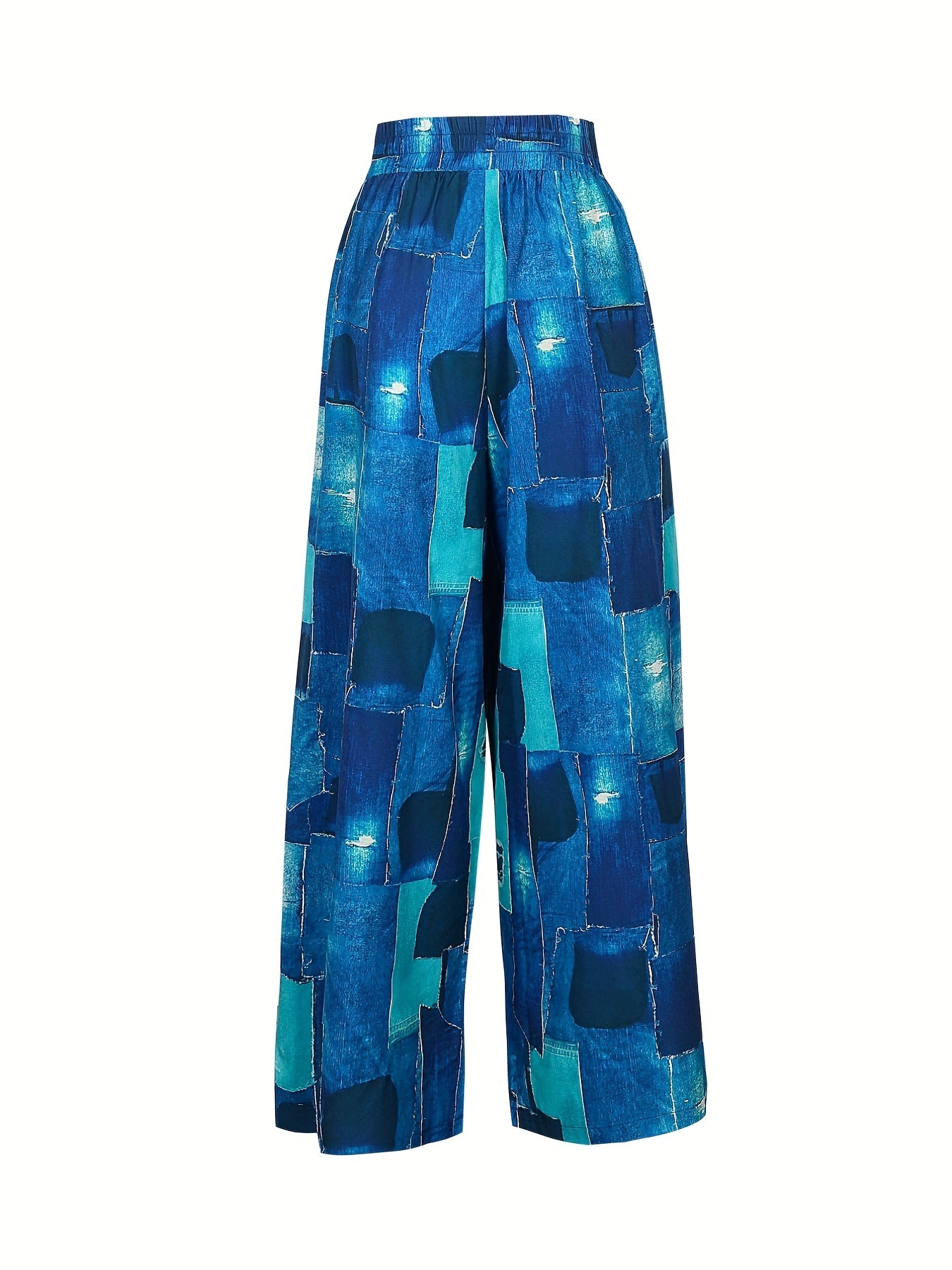 Plus Denim Print Wide Leg Pants Elastic High Rise