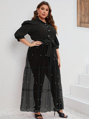  Bubble Sleeve Mesh Dress with Faux Pearl Buttons