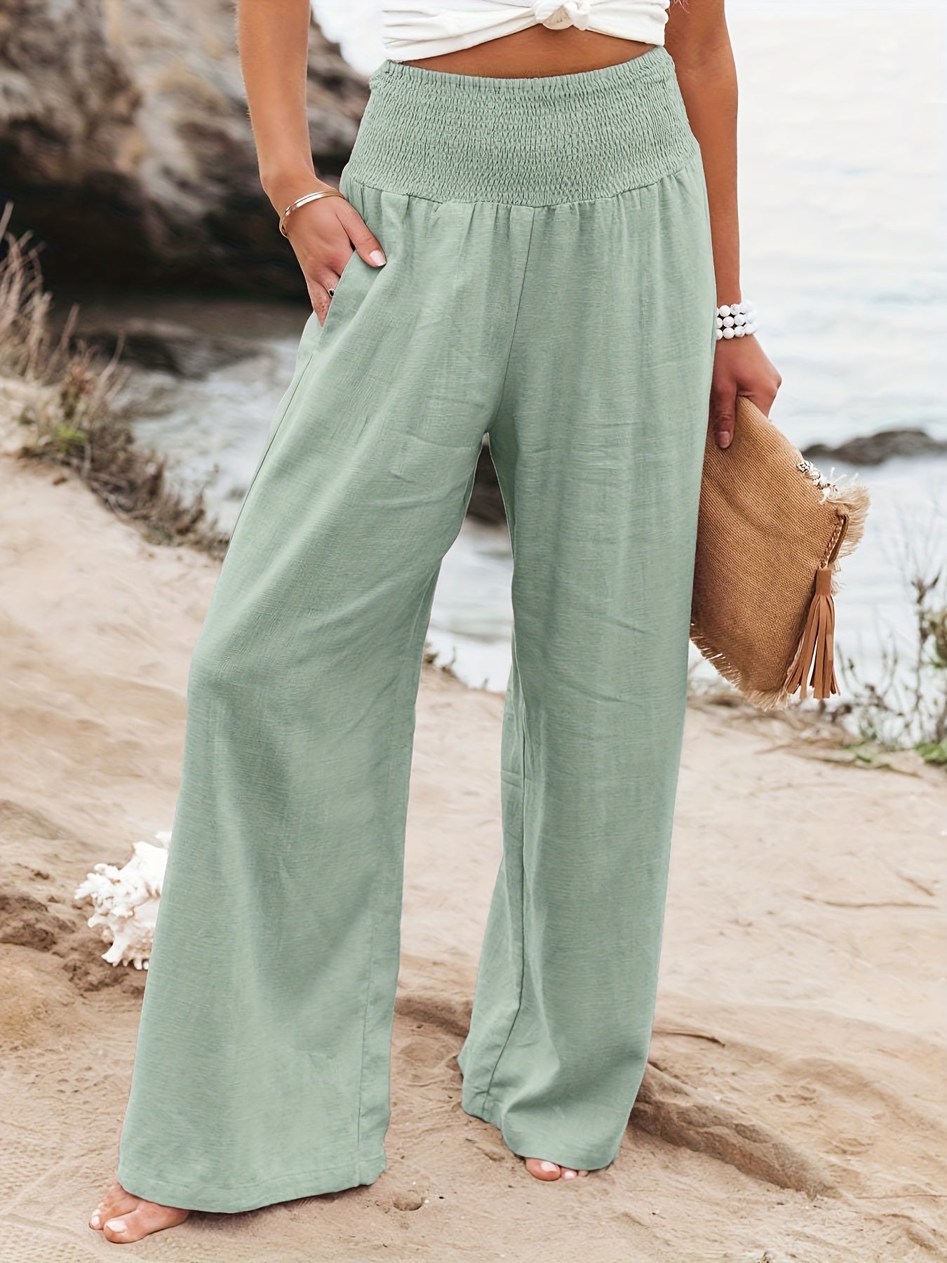 Solid Elastic Waist Wide Leg Pants for Women