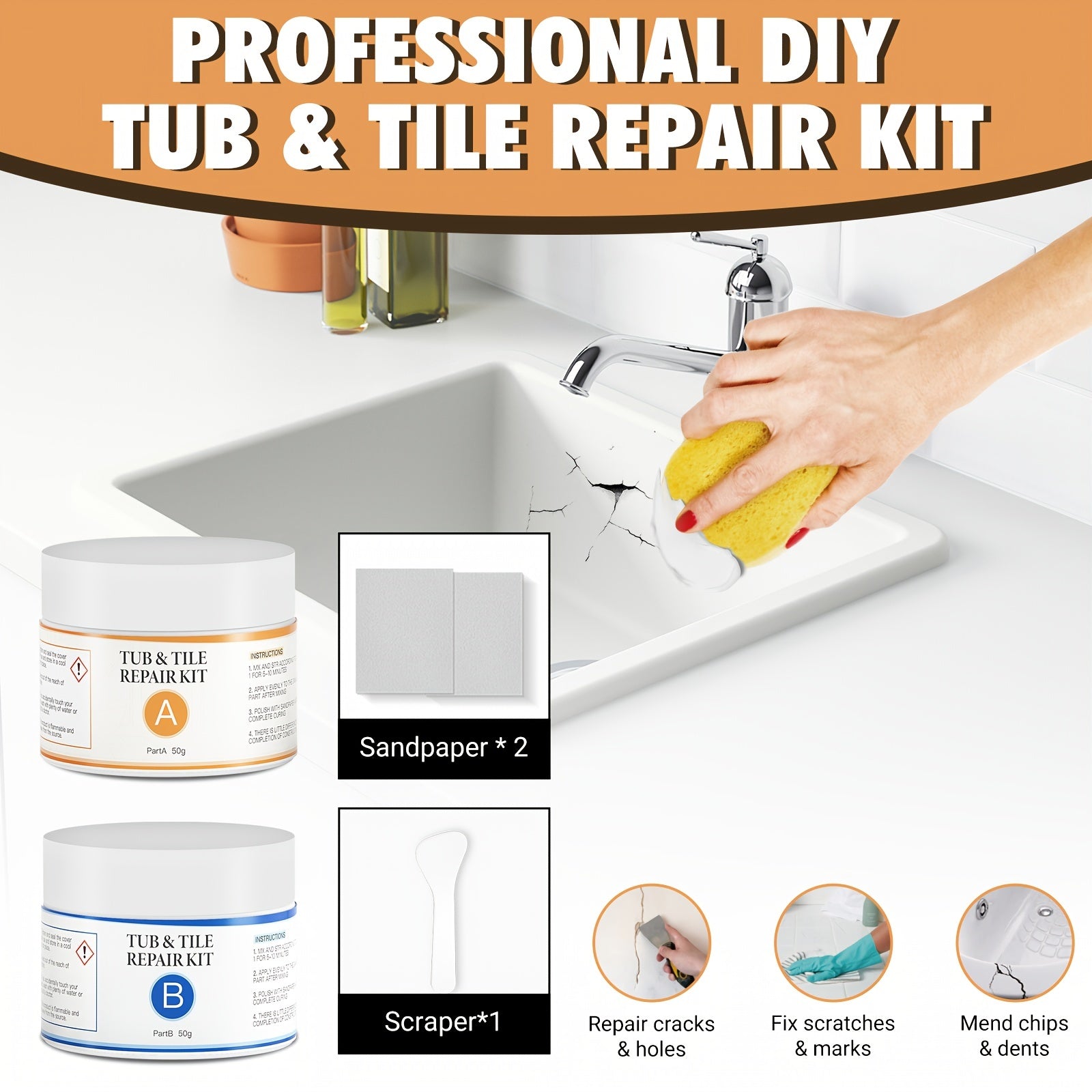 VERN Tub Repair Kit - Fixes Fiberglass, Acrylic, Porcelain, Tile