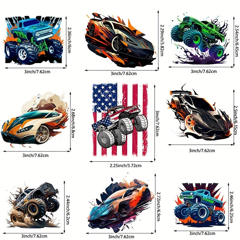 9pcs Supercar Iron on Transfer Stickers Decals for DIY Clothing T Shirts Jackets