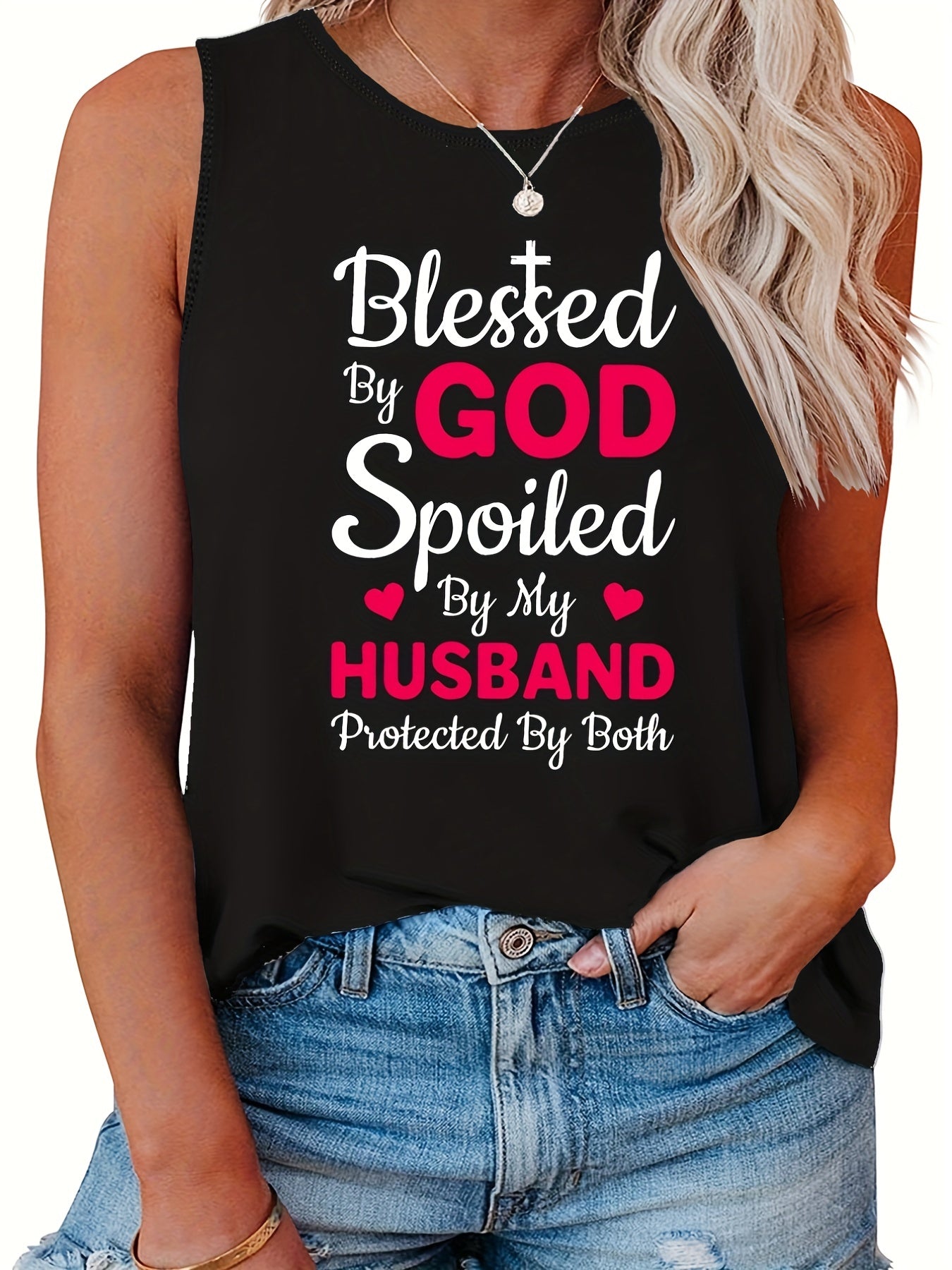  Heart & Letter Print Tank Top Round Neck