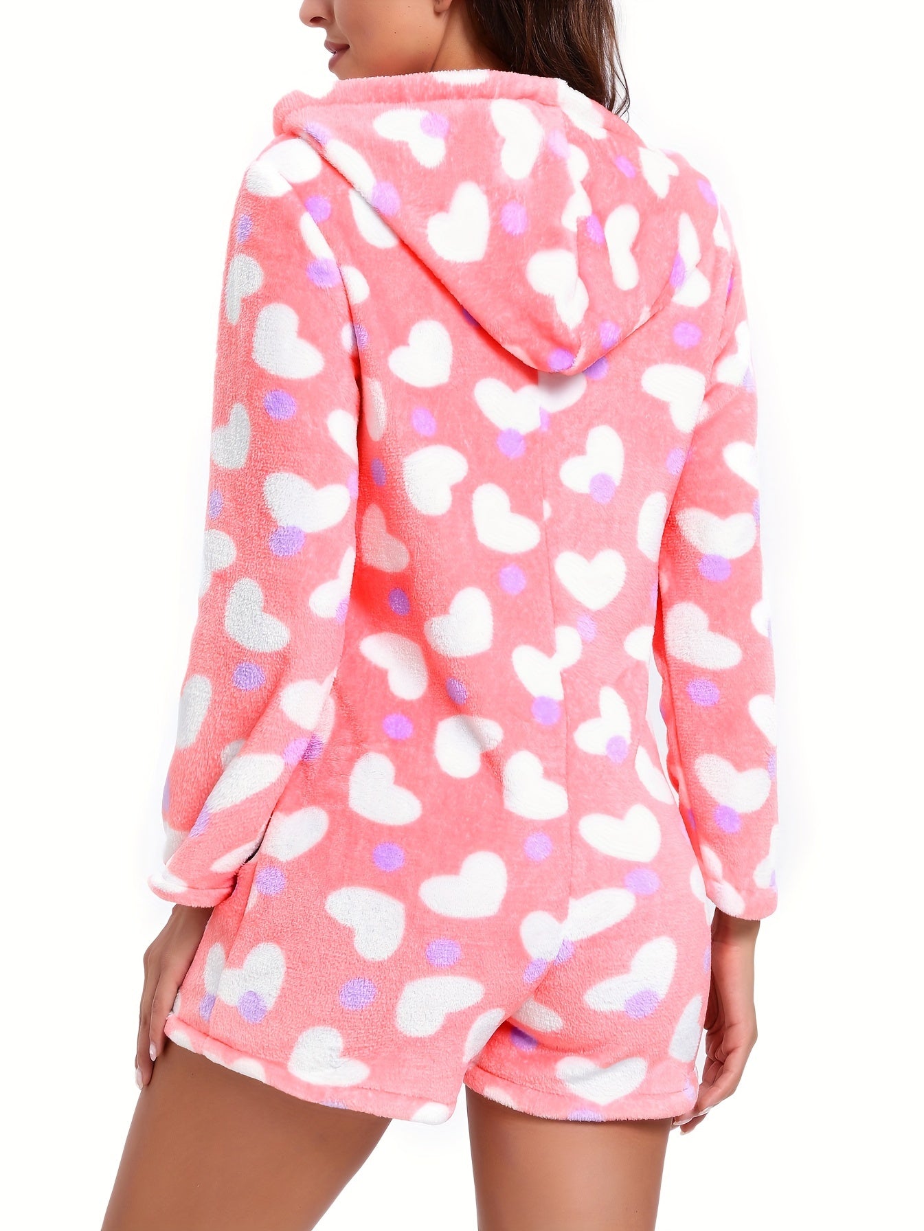 Heart Print Hooded Romper Women's Loungewear