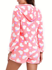 Heart Print Hooded Romper Women's Loungewear