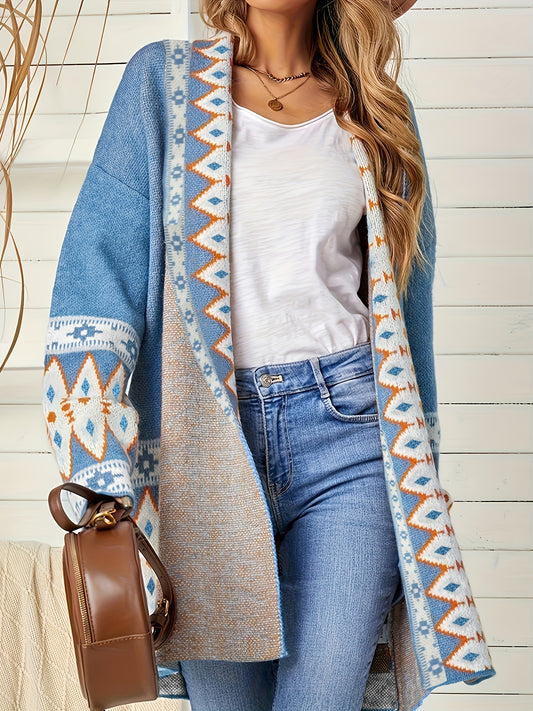  Geometric Print Open Front Cardigan with Pockets