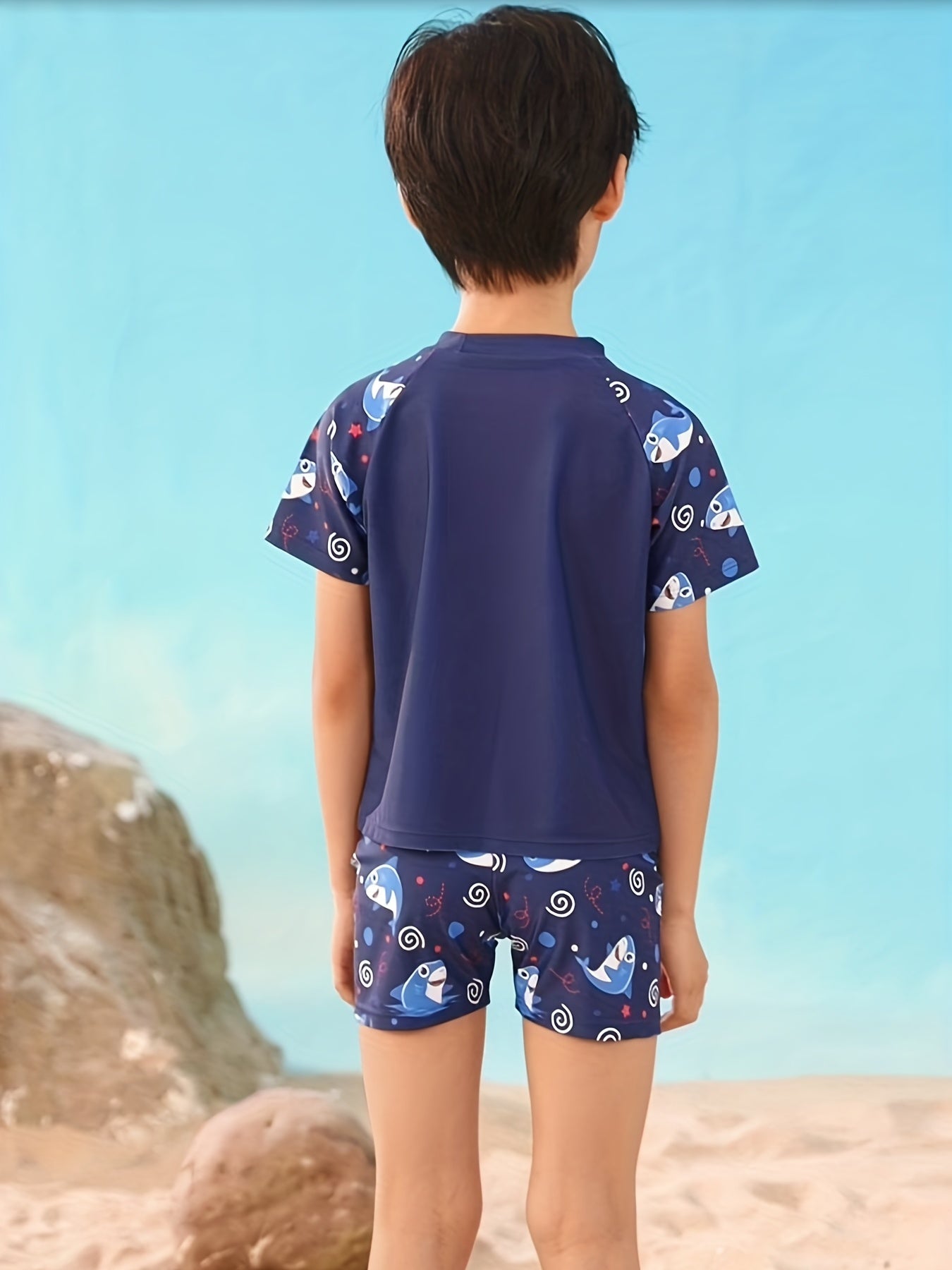 Boy's Shark Swimsuit 3pcs Set SURF TIME Print Stretchy Bathing Suit