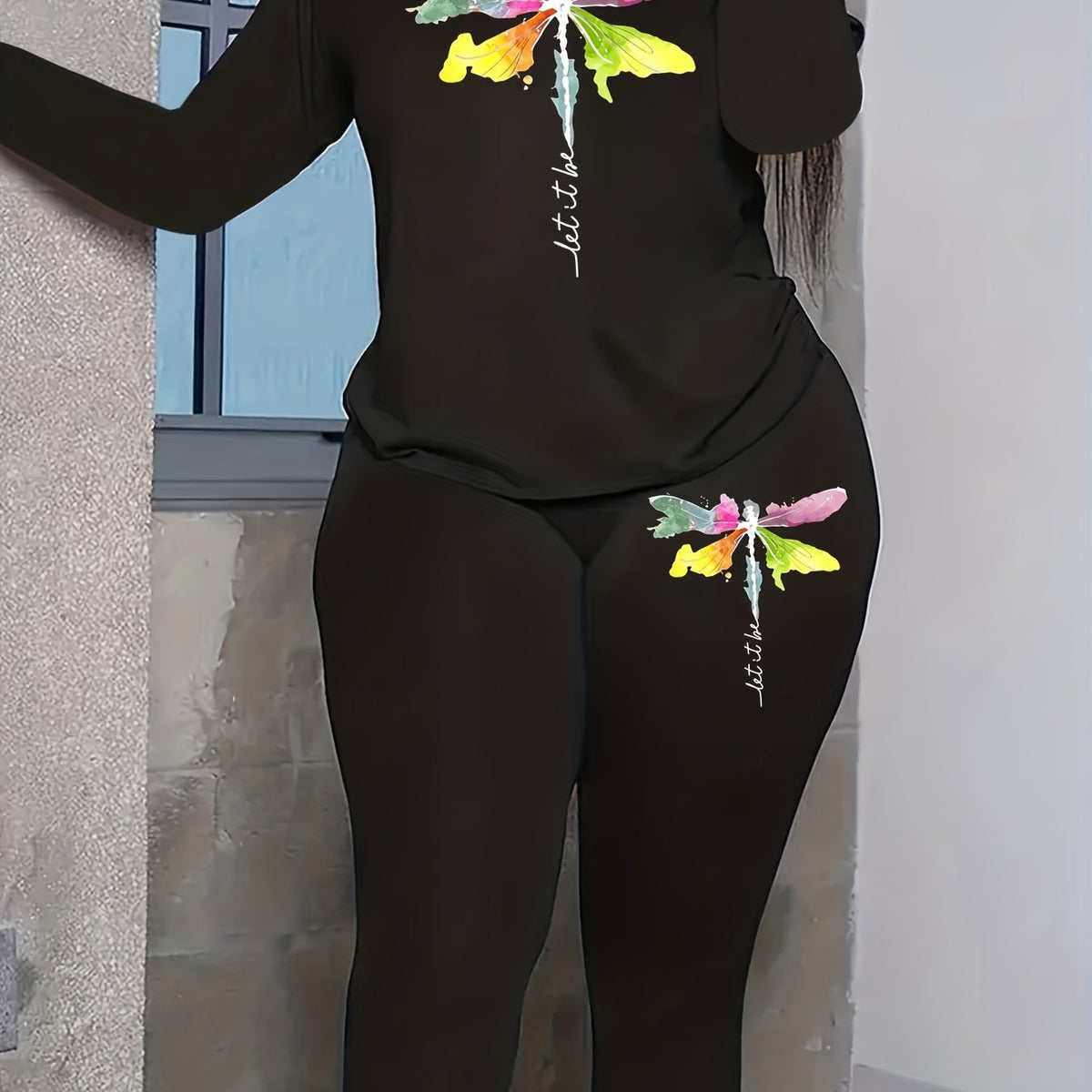  Letter & Dragonfly Print Tee & Legging Set
