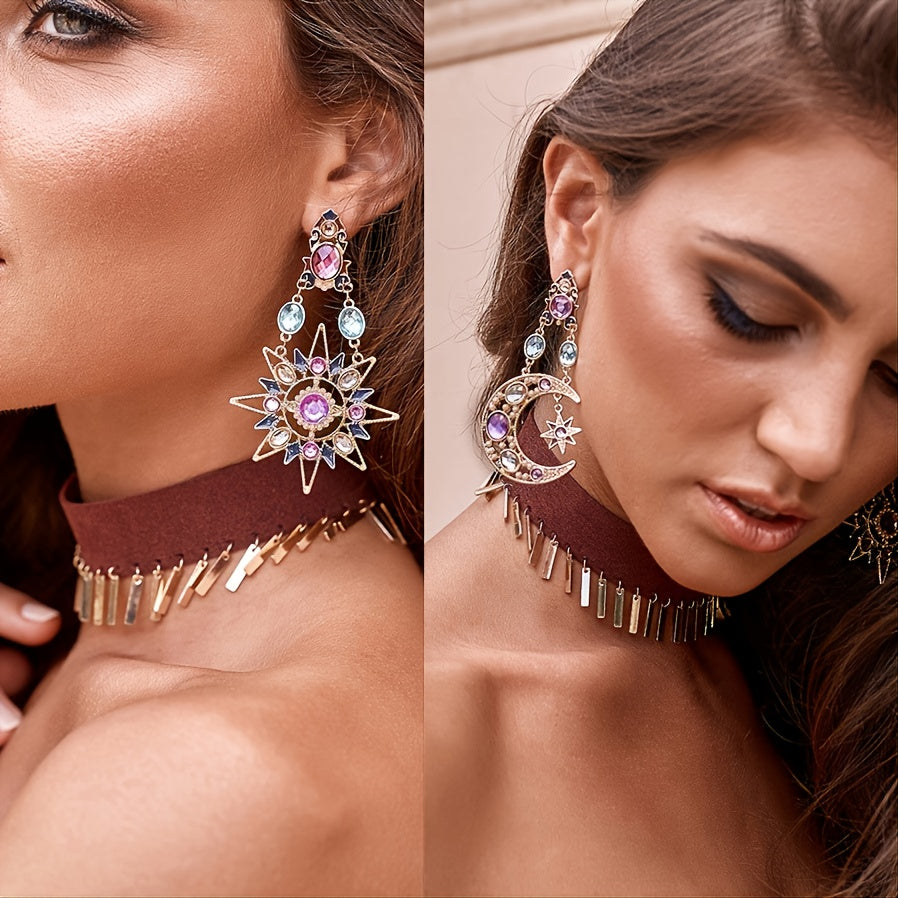 Sun Moon Stars Drop Earrings Rhinestone Punk Earrings For Women