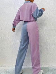  Colorblock Corduroy Shacket & Wide Leg Pants Set