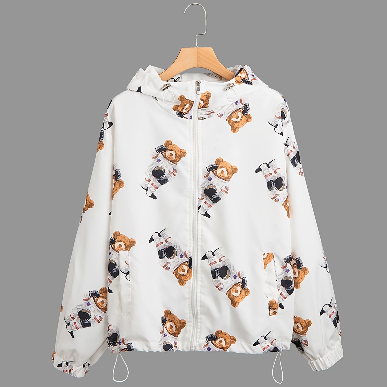 Bear Print Hooded Jacket Long Sleeve Outerwear For Spring & Fall