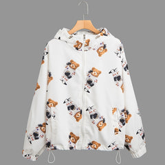 Bear Print Hooded Jacket Long Sleeve Outerwear For Spring & Fall