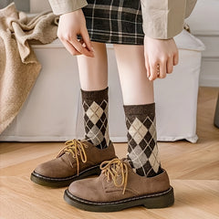 4 Pairs Plaid & Trees Print Socks Mid Tube Women's Stockings