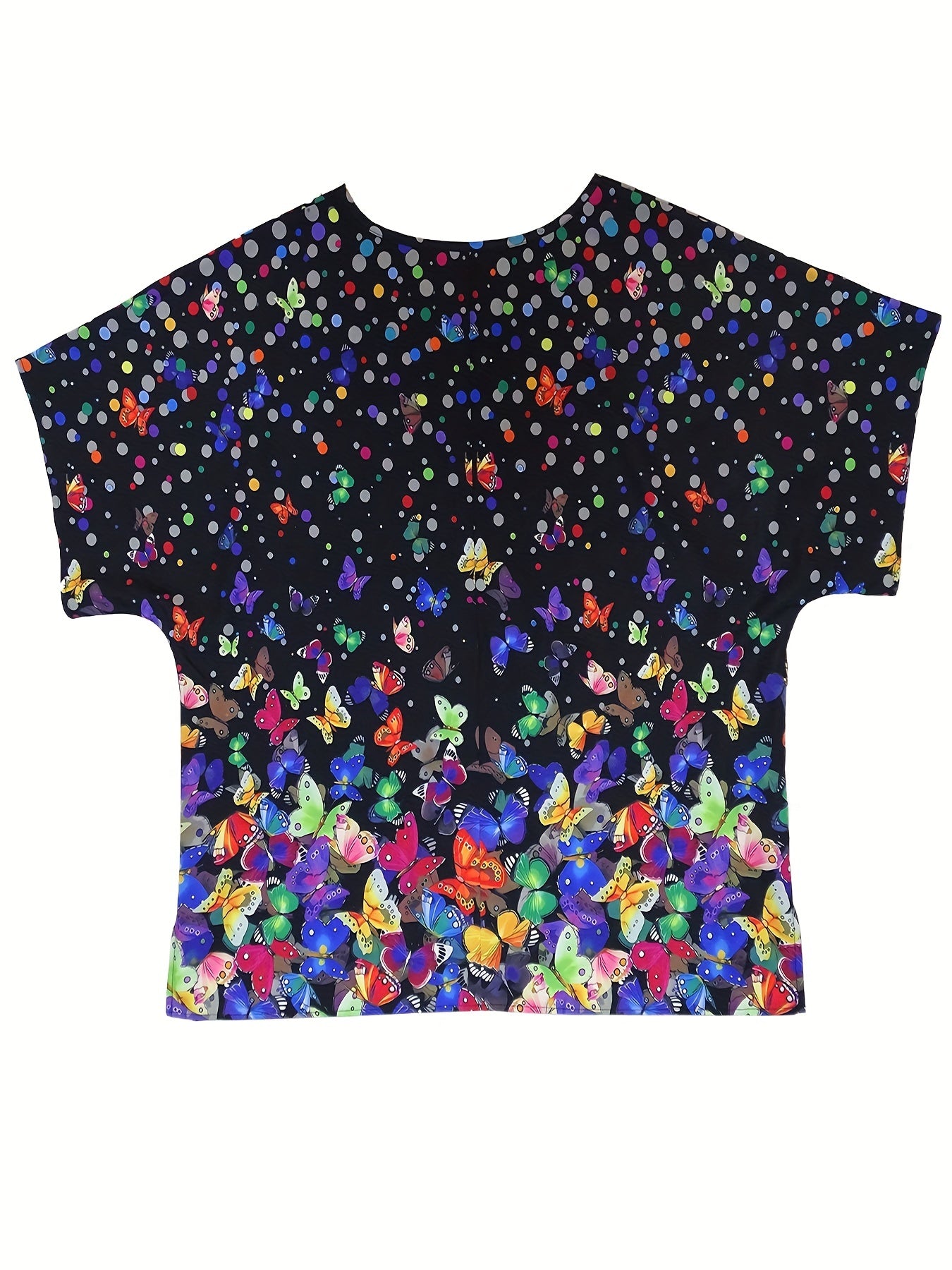  Colorful Butterfly & Dot Print Batwing Sleeve Round Neck Shirt Top