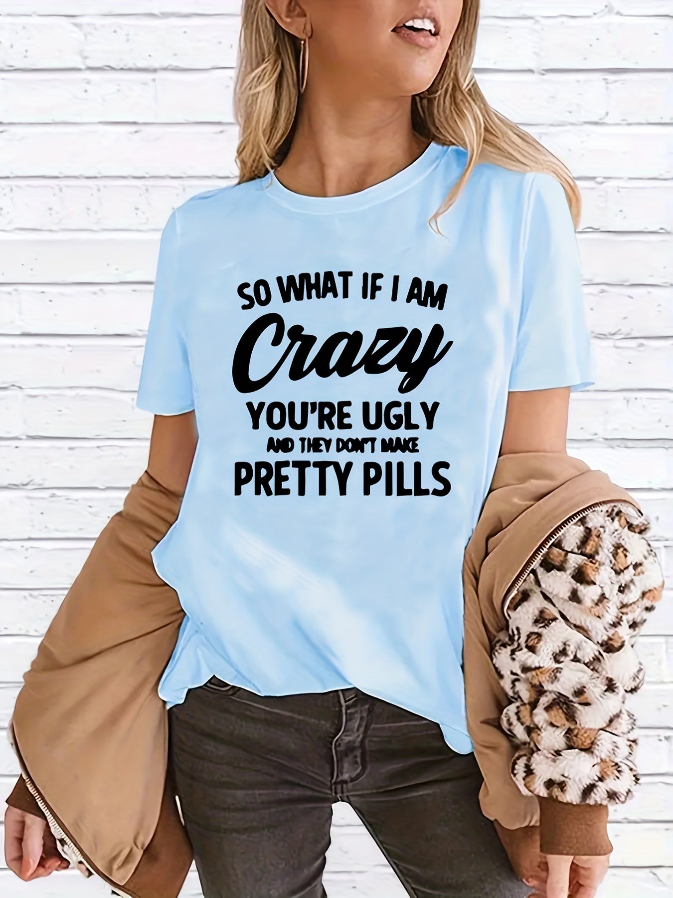Casual Sports T shirt Solid Letter Round Neck T shirt Women's Clothing