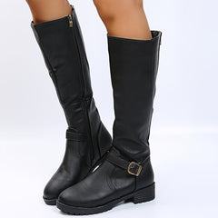 Women's Knee High Riding Boots Chunky Low Heel Buckle Zip Detail Long Boots