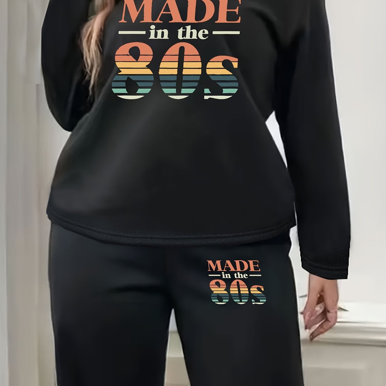  Casual Loungewear Two Piece Set Women's Plus Slogan Print