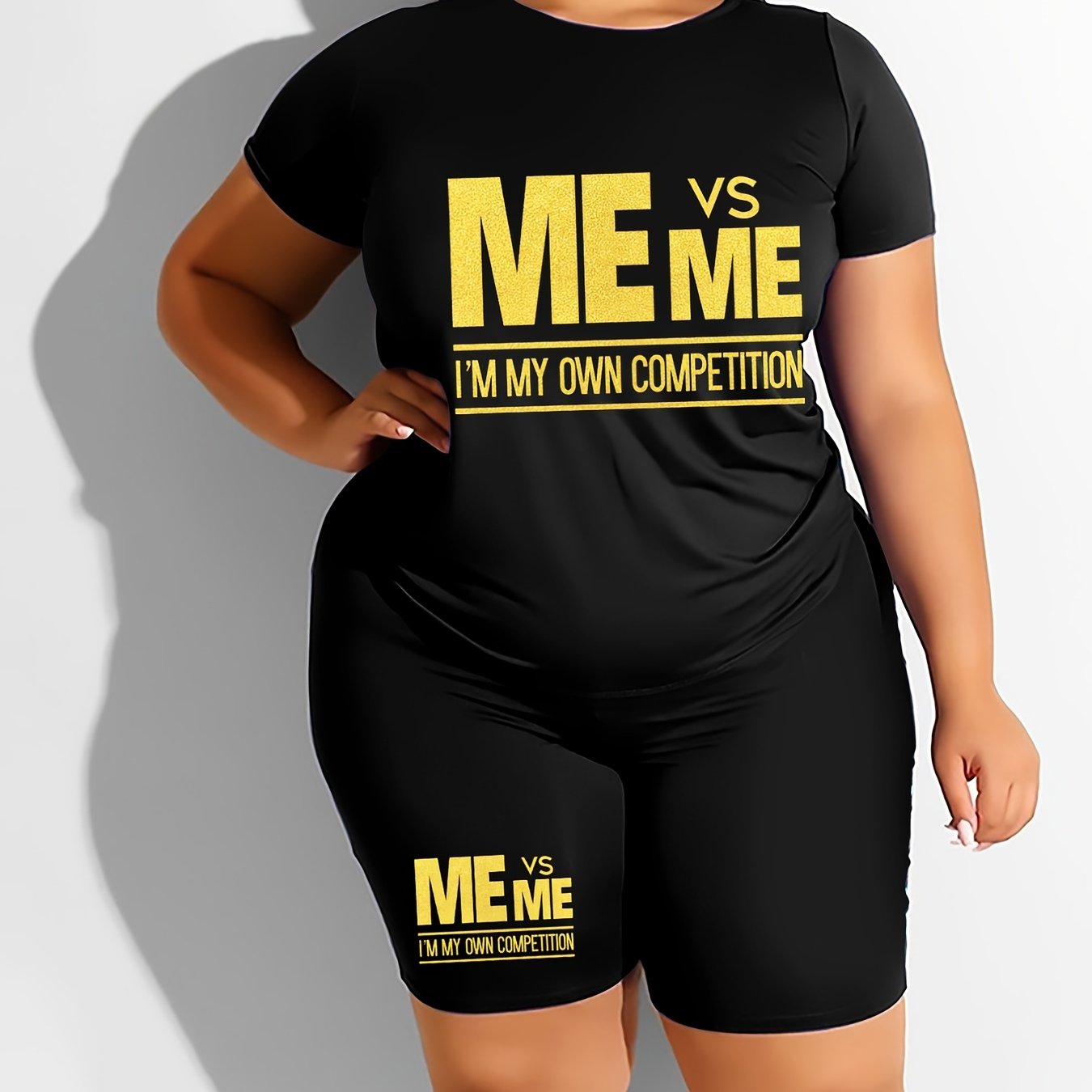  Casual T-shirt & Shorts Set Women's Plus Letter Print 2pcs Set Outfits