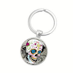 Mexican Sugar Skull Time Gem Keychain Pendant