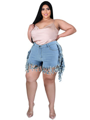  Fringe Trim Denim Shorts Women's Plus Medium Stretch Jean Shorts