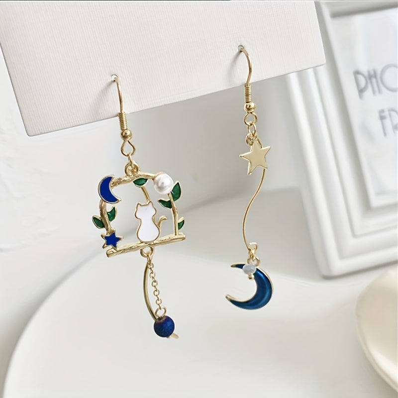 Kitten Moon Star Leaf Tassel Earrings