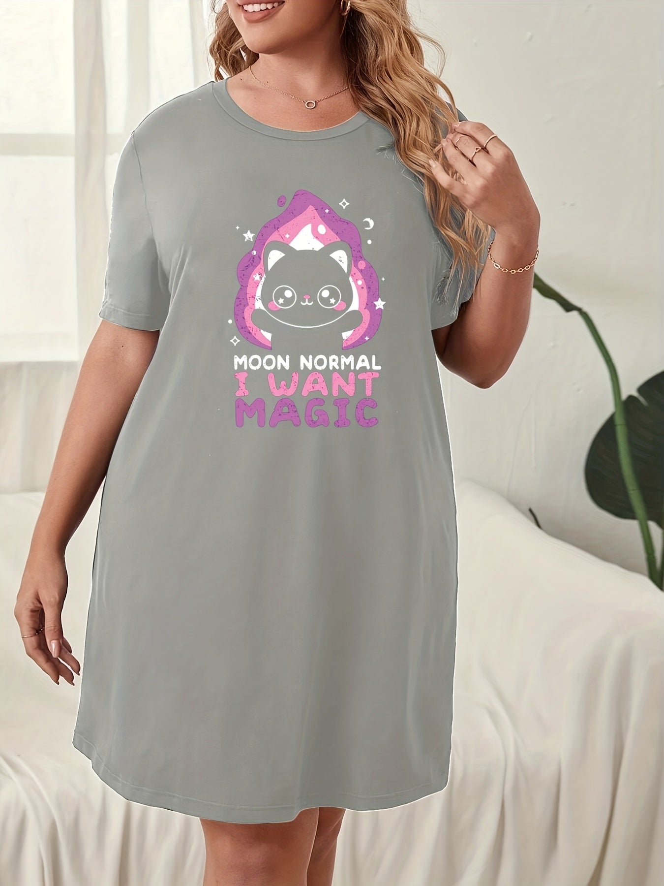  Casual Lounge Dress Women's Plus Cat & Slogan Print Short Sleeve
