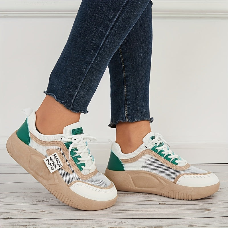 Women Colorblock Mesh Chunky Sneakers Thick Sole Lace Up Sport Shoes