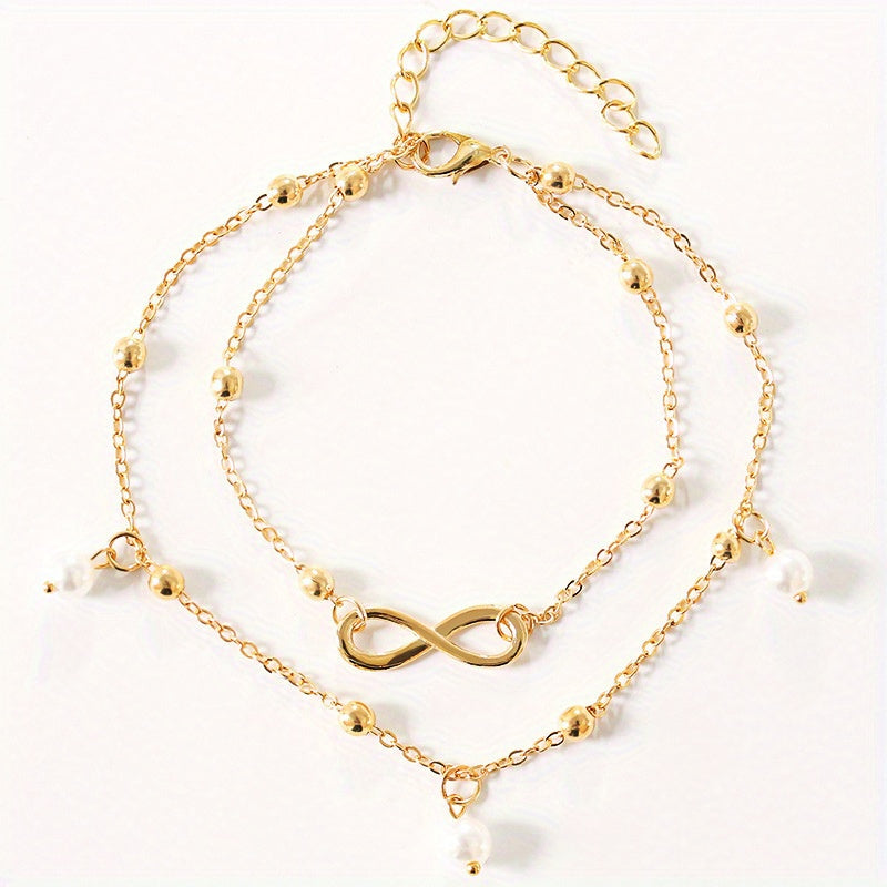 Double Layer Chain Anklet with Pearls Pendant & Infinity Symbol Beads