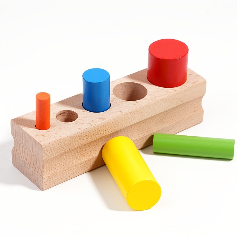 Wooden Block Base Set with 5 Colored Cylinders Educational Toy