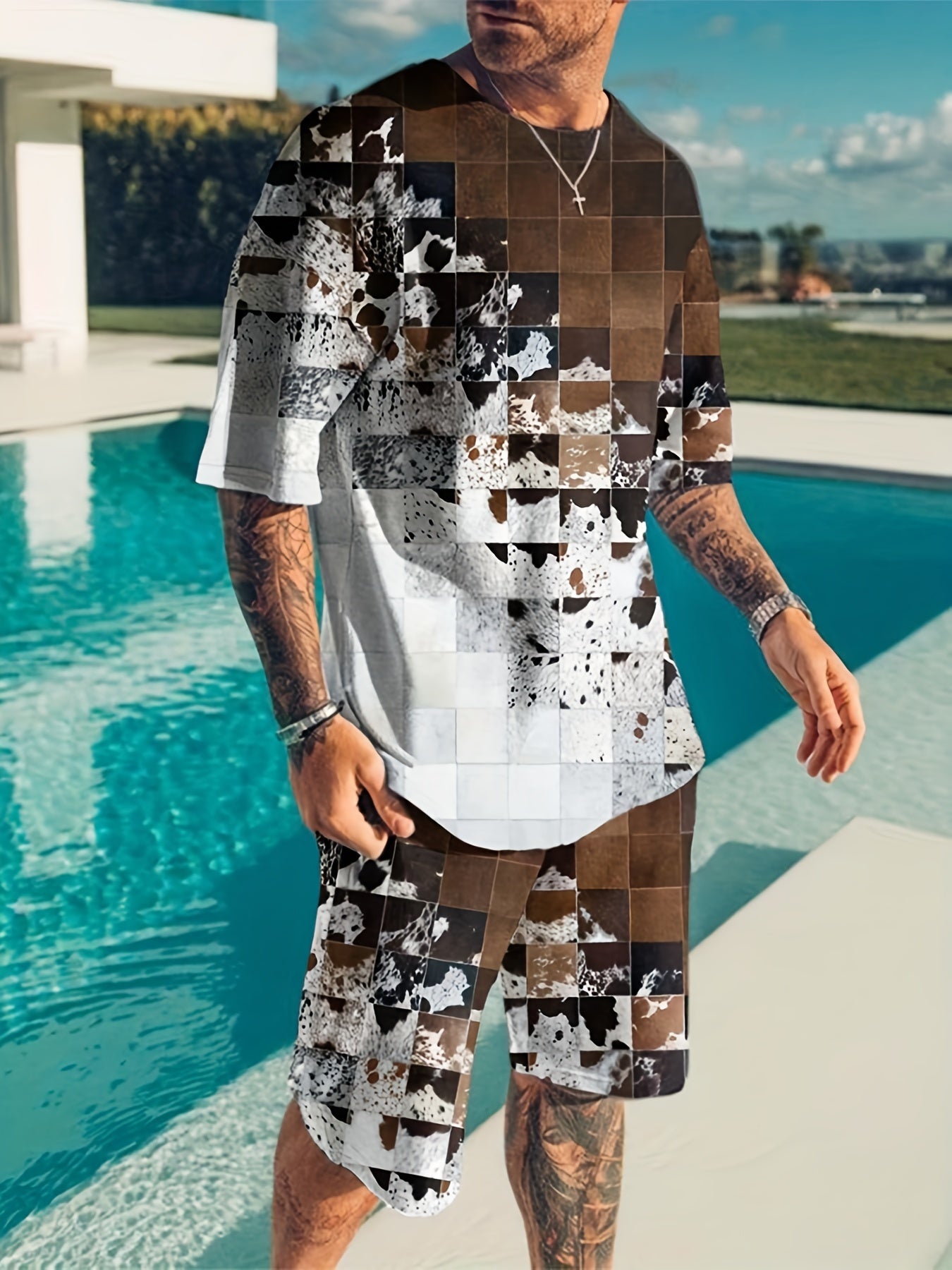 Men's Block Graphic T-shirt & Stretch Breathable Shorts for Outdoor