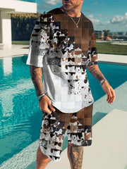 Men's Block Graphic T-shirt & Stretch Breathable Shorts for Outdoor