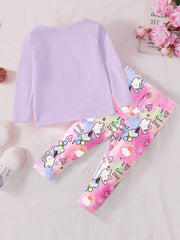 Rabbit Print Long Sleeve Sweatshirt Pants Set for Baby Girls