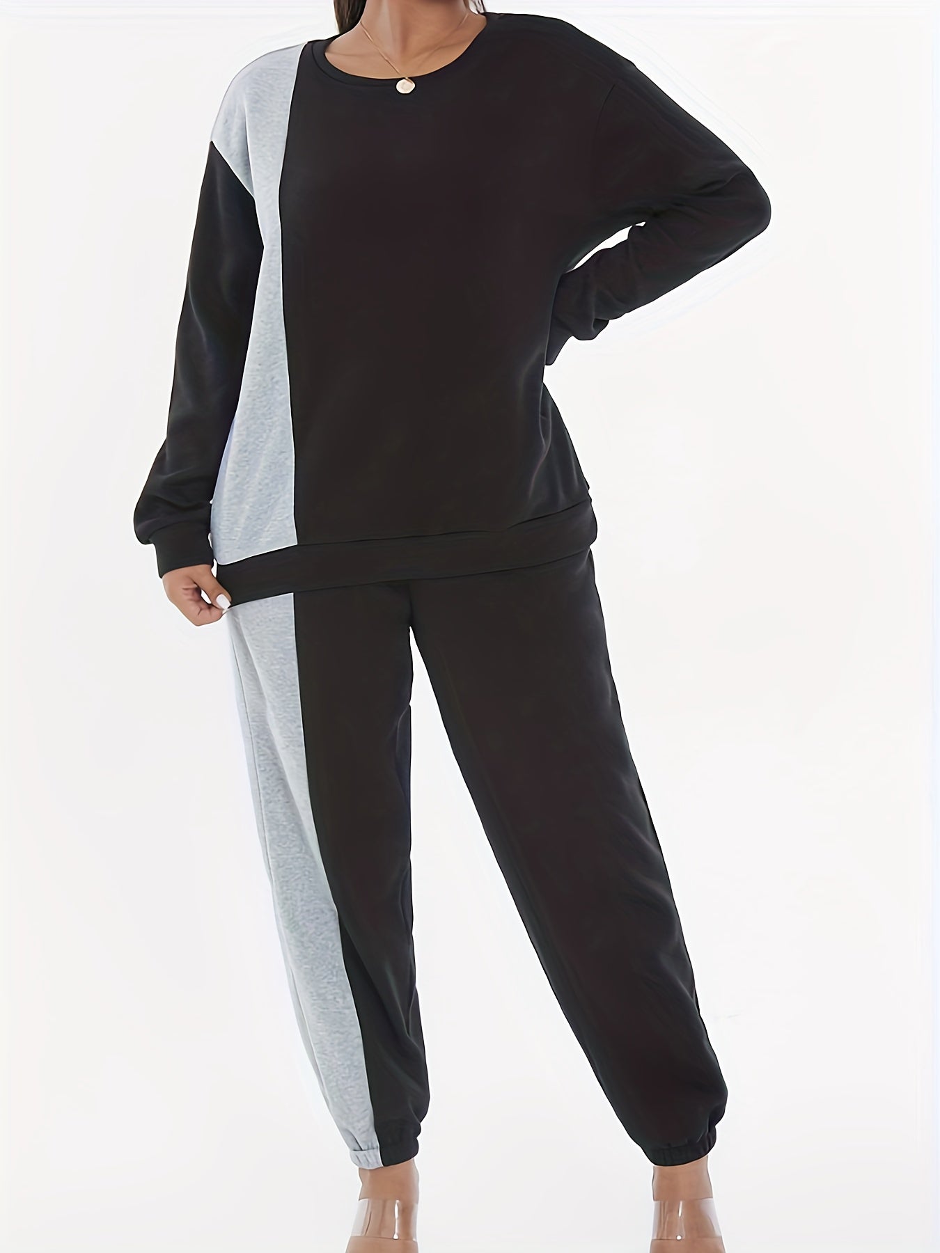  Colorblock Round Neck Top & Jogger Pants Set