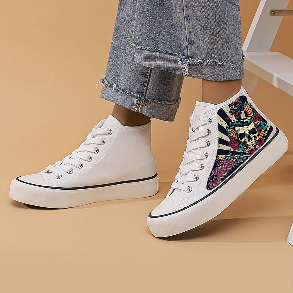 Horror Skull & Snake Pattern High Top Canvas Sneakers