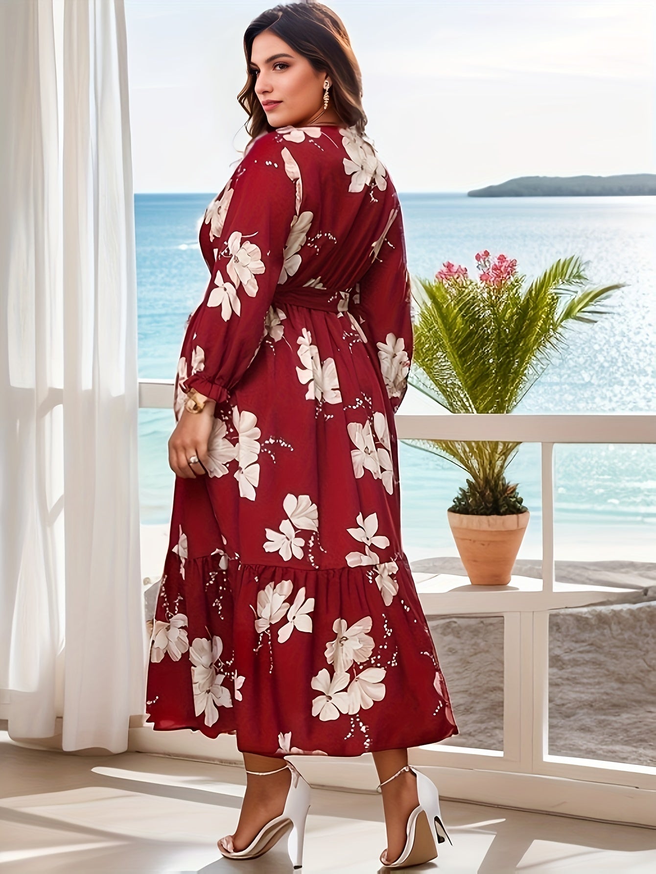 Floral Print Lantern Sleeve Smock Dress With Belt