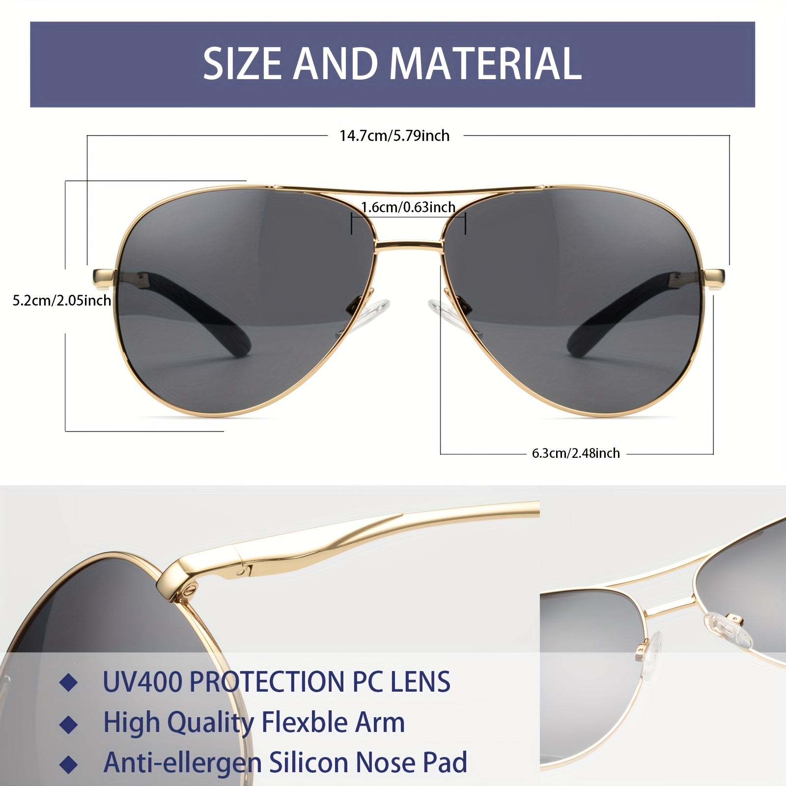 OUWEN Aviator Sunglasses Men Metal Frame UV Protection Gray Lens