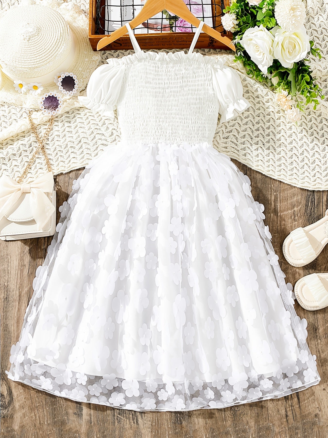 Girls' Flowers Appliques Smocked Princess Dress