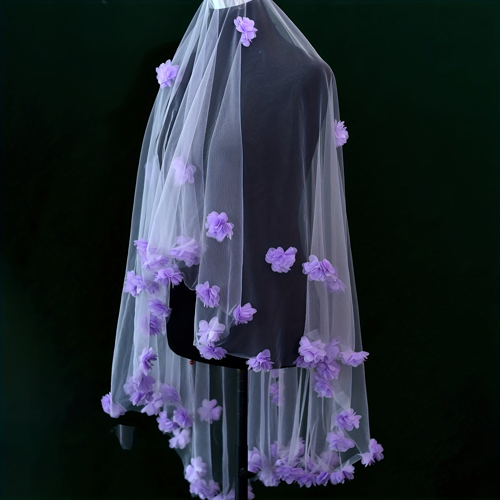 Purple Bridal Veil with 3D Floral Embellishments Short Soft Nylon Fabric