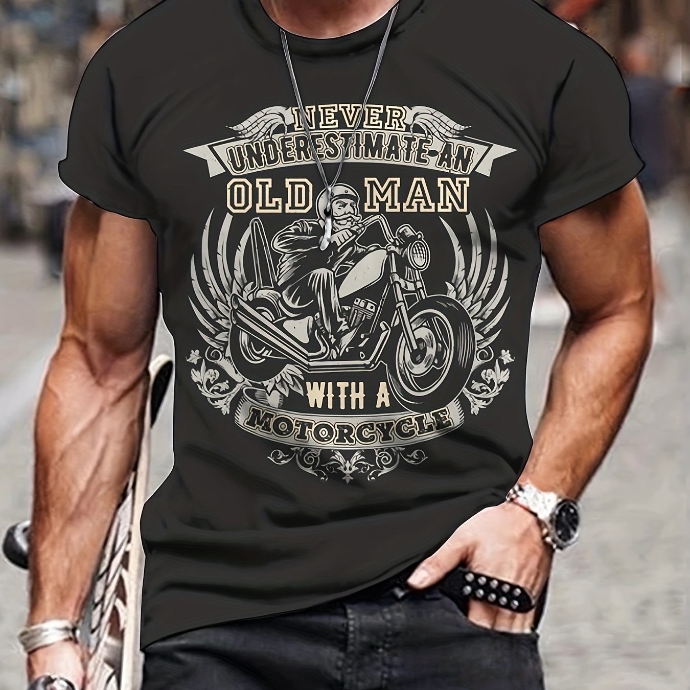 Men's 3D Old Man & Motorcycle Print T shirt Mid Stretch Crew Neck