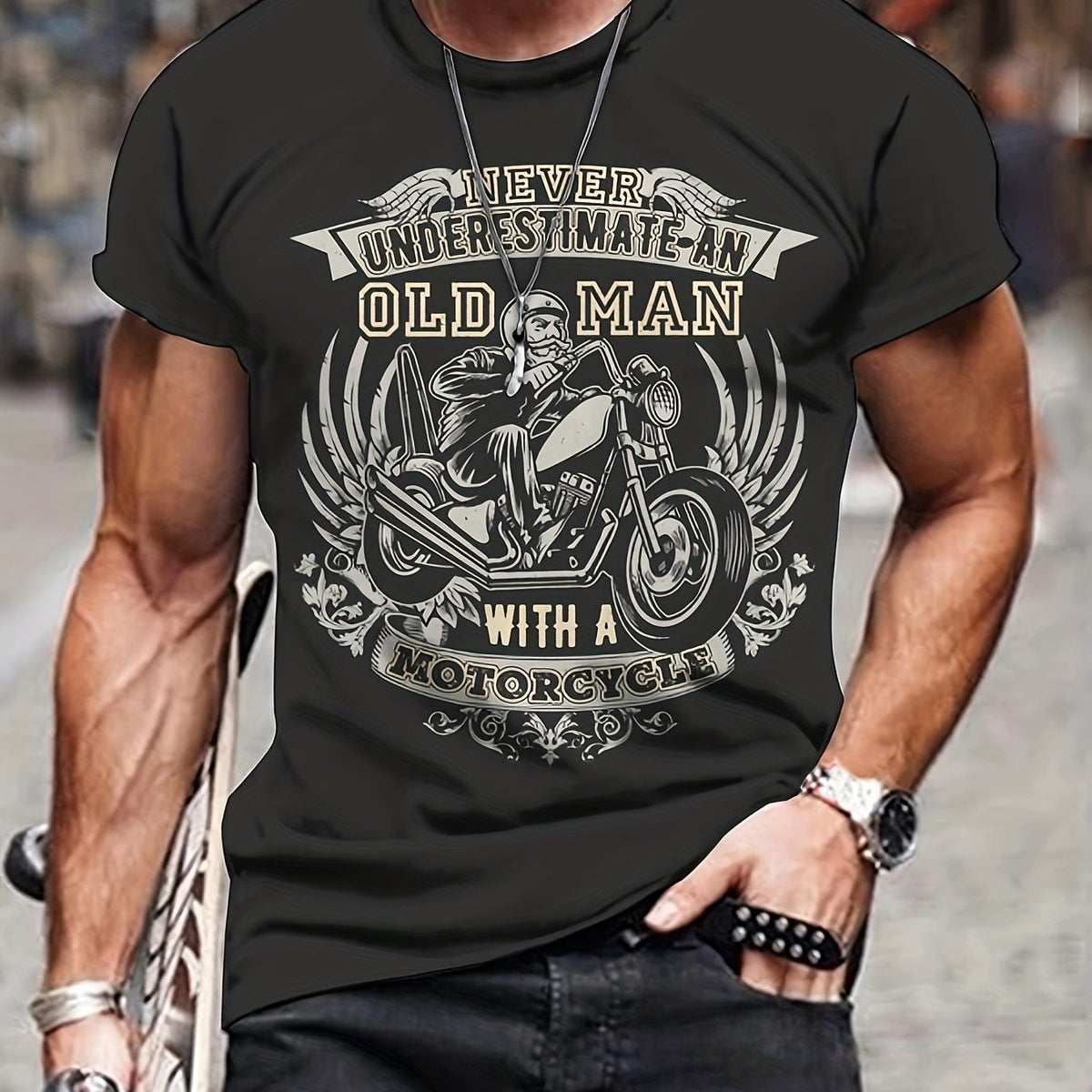 Men's 3D Old Man & Motorcycle Print T shirt Mid Stretch Crew Neck