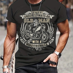 Men's 3D Old Man & Motorcycle Print T shirt Mid Stretch Crew Neck