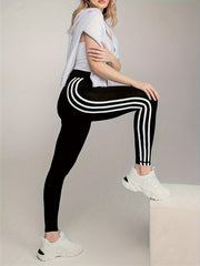 High Waist Yoga Pants with Side Stripes, Tummy Control