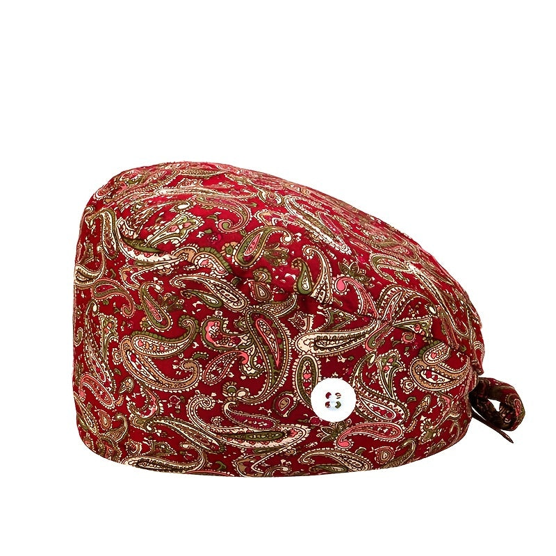Cartoon Print Work Hat Adjustable Nurse Hat With Buttons Elastic Scrub Cap