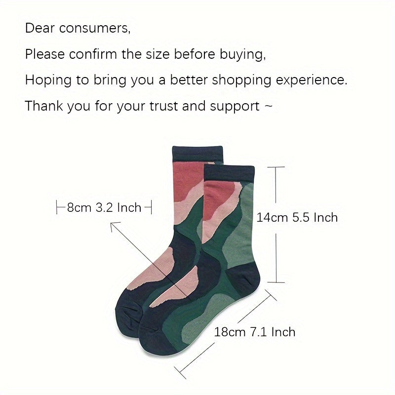 3 Pairs Retro Colorblock Socks Novelty Pattern Crew Socks Women's Stockings