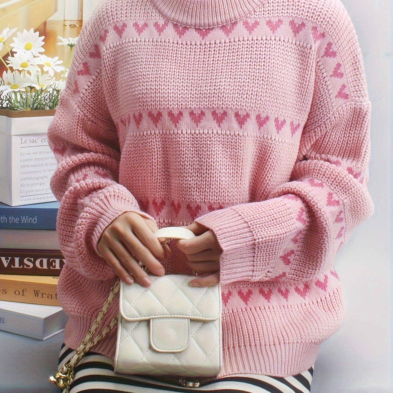  Heart Print Drop Shoulder Sweater