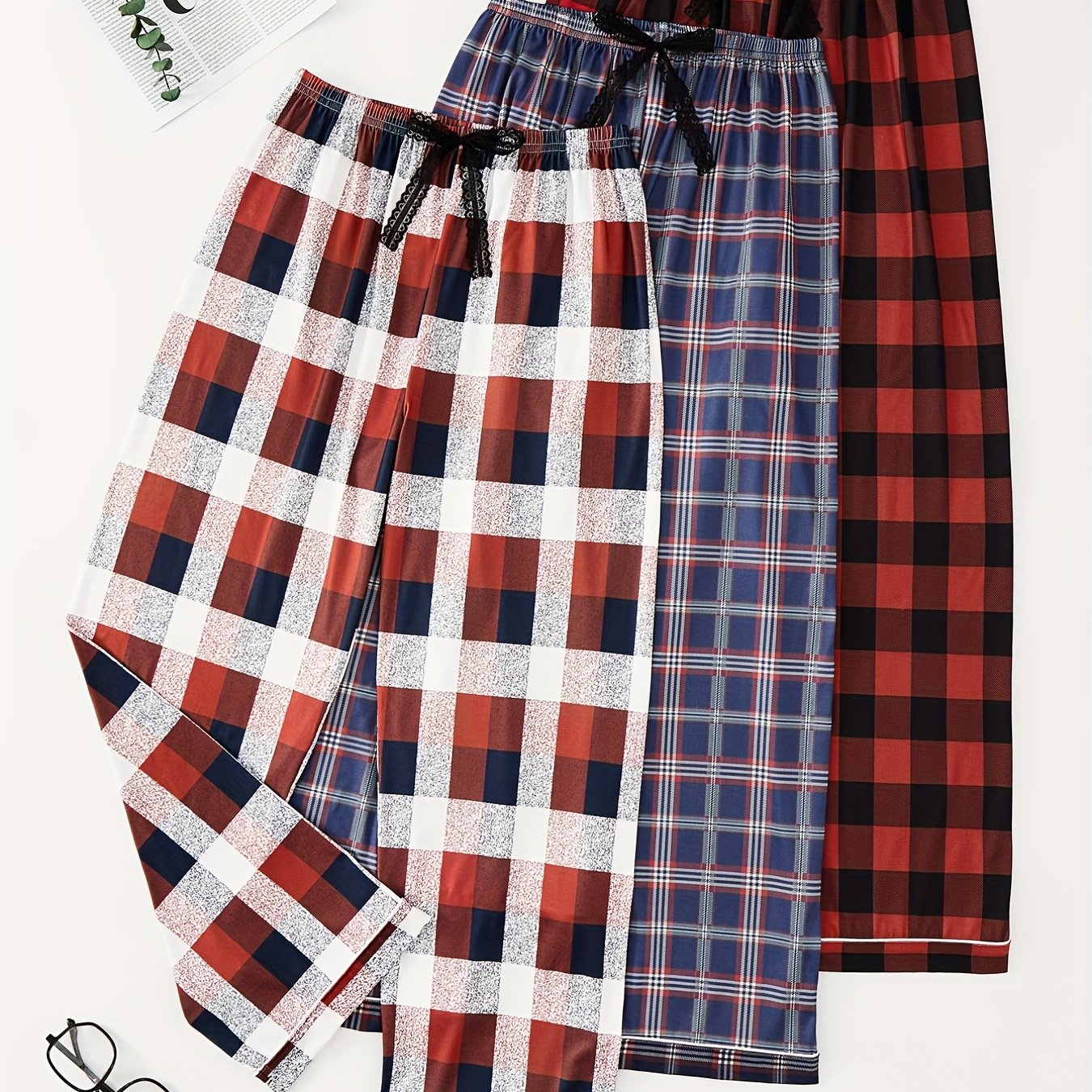Colorblock Plaid Lounge Pants Soft Elastic Waist Womens Loungewear