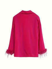  Solid Fuzzy Trim Long Sleeve Casual Blazer