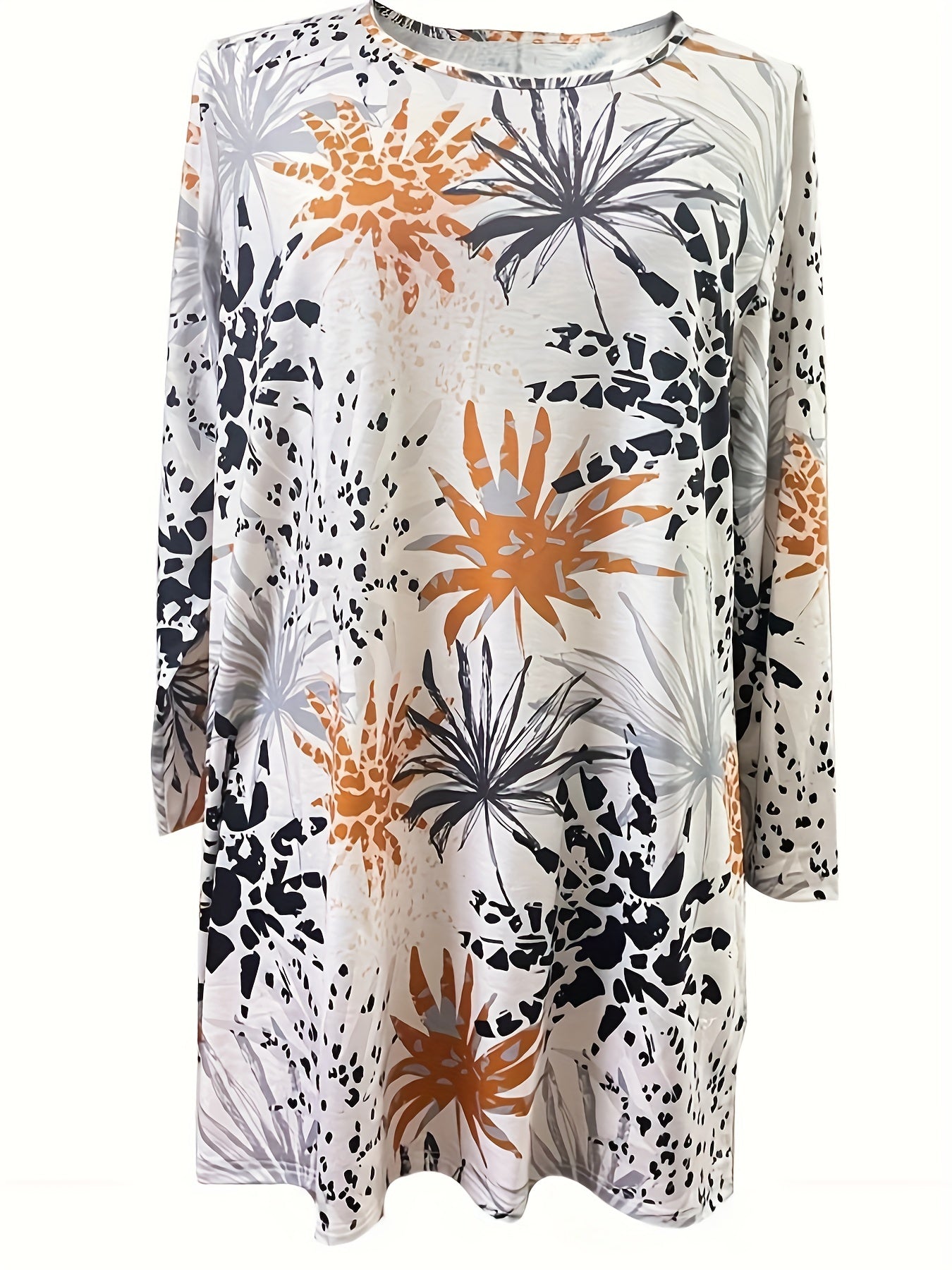  Floral Print Long Sleeve Round Neck High Stretch Dress